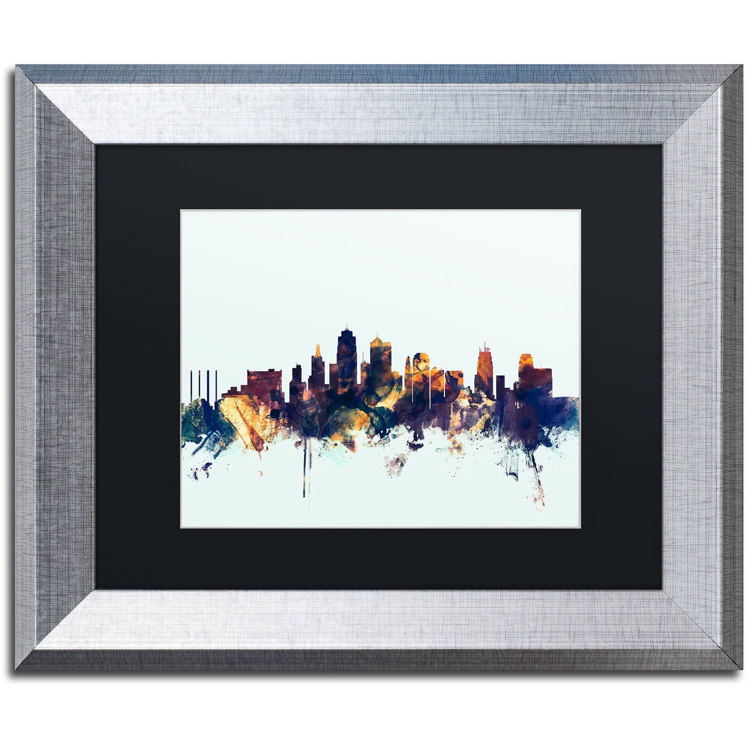 Trademark Fine Art "Kansas City Skyline Blue" Canvas Art by Michael Tompsett, Black Matte, Silver Frame