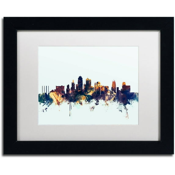 Trademark Fine Art "Kansas City Skyline Blue" Canvas Art by Michael Tompsett, White Matte, Black Frame