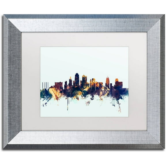 Trademark Fine Art "Kansas City Skyline Blue" Canvas Art by Michael Tompsett, White Matte, Silver Frame
