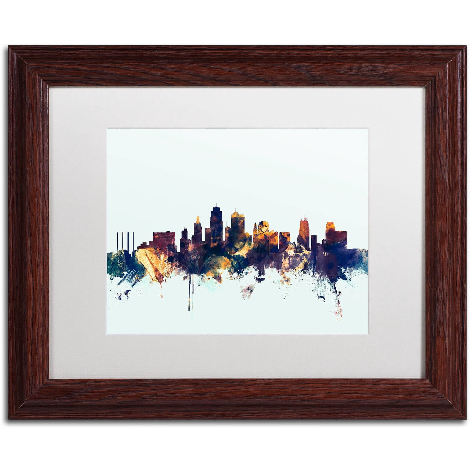 Trademark Fine Art "Kansas City Skyline Blue" Canvas Art by Michael Tompsett, White Matte, Wood Frame