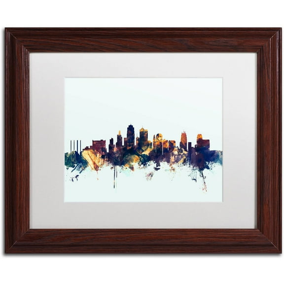 Trademark Fine Art "Kansas City Skyline Blue" Canvas Art by Michael Tompsett, White Matte, Wood Frame