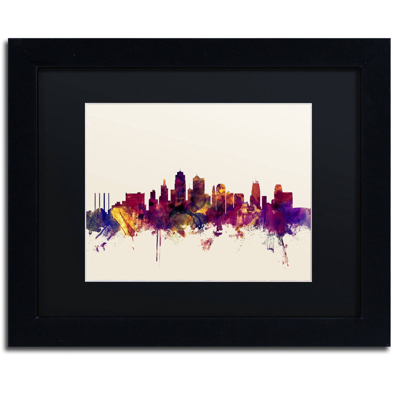 Trademark Fine Art "Kansas City Skyline" Canvas Art by Michael Tompsett, Black Matte, Black Frame