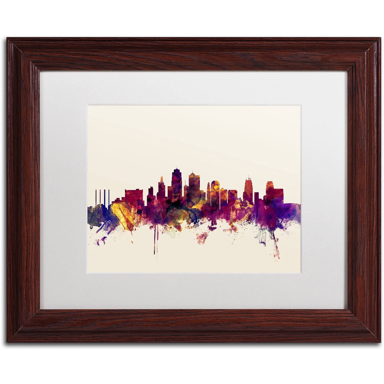 Trademark Fine Art "Kansas City Skyline" Canvas Art by Michael Tompsett, White Matte, Wood Frame