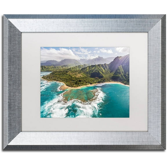 Trademark Fine Art 'Kauai's Tunnels Beach' Canvas Art by Pierre Leclerc, White Matte, Silver Frame