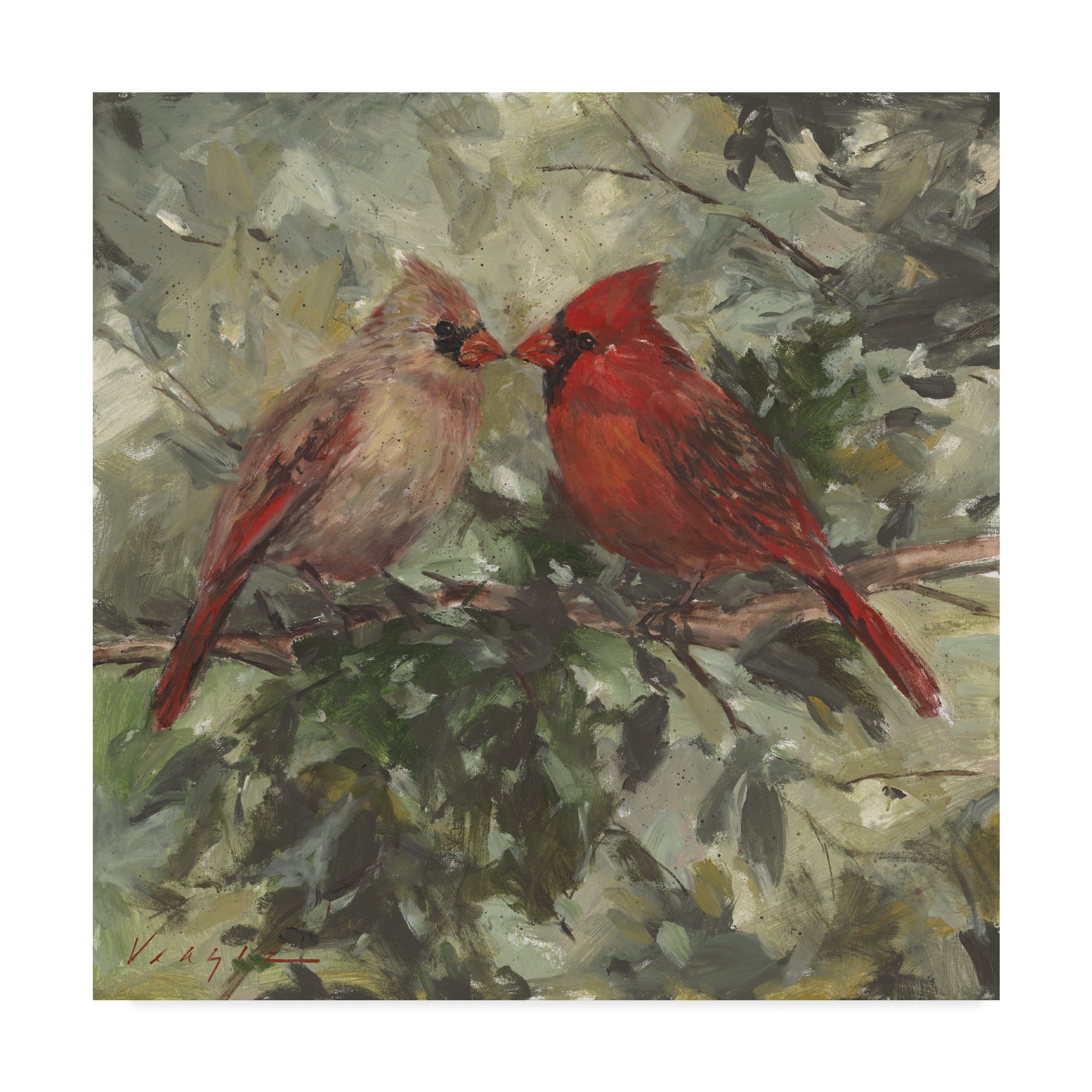 Kissing Cardinals Portrait Canvas Art in Red and Beige