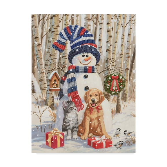 Trademark Fine Art 'Kitten And Puppy With Snowman' Canvas Art by William Vanderdasson