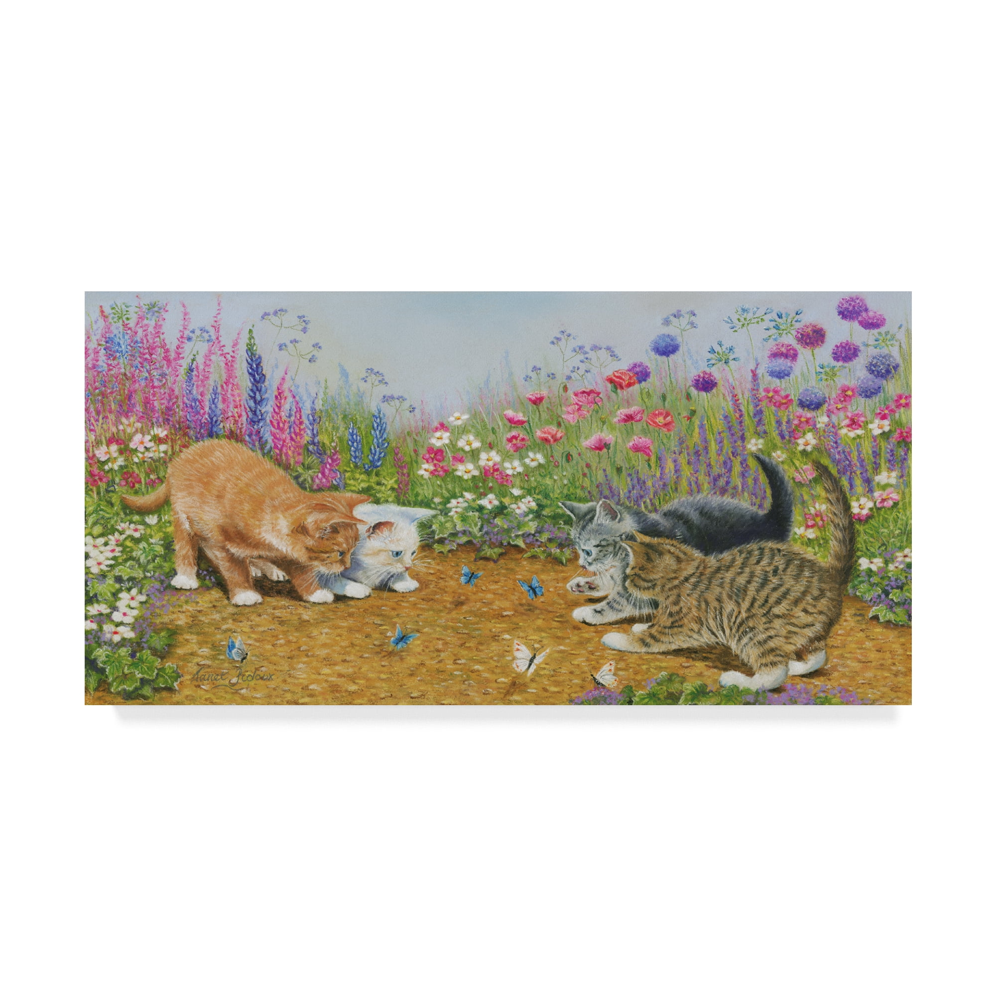 Trademark Fine Art 'Kittens And Butterflies Garden' Canvas Art by Janet Pidoux