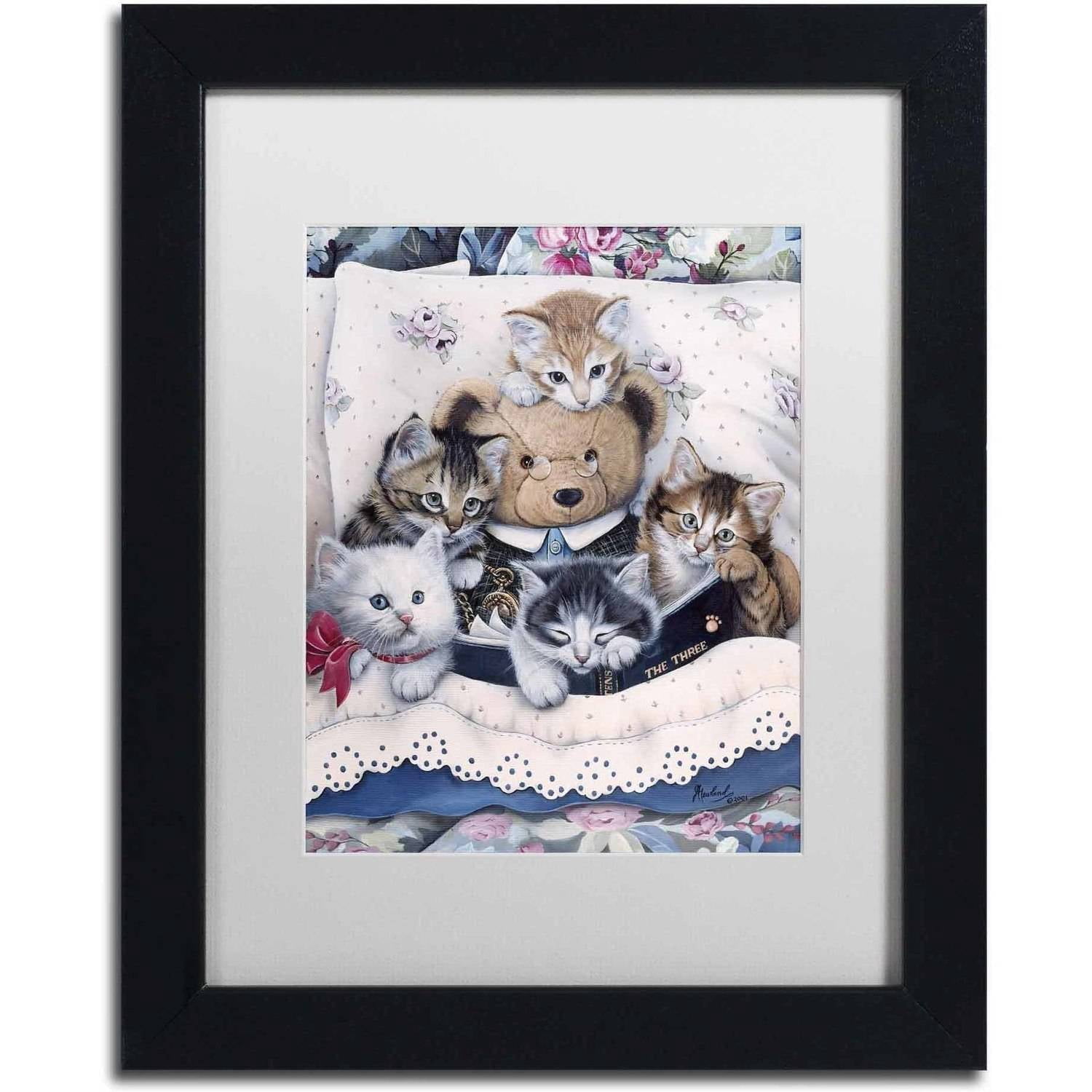 Trademark Fine Art 'Kittens And Teddy Bear' Canvas Art by Jenny Newland, White Matte, Black Frame