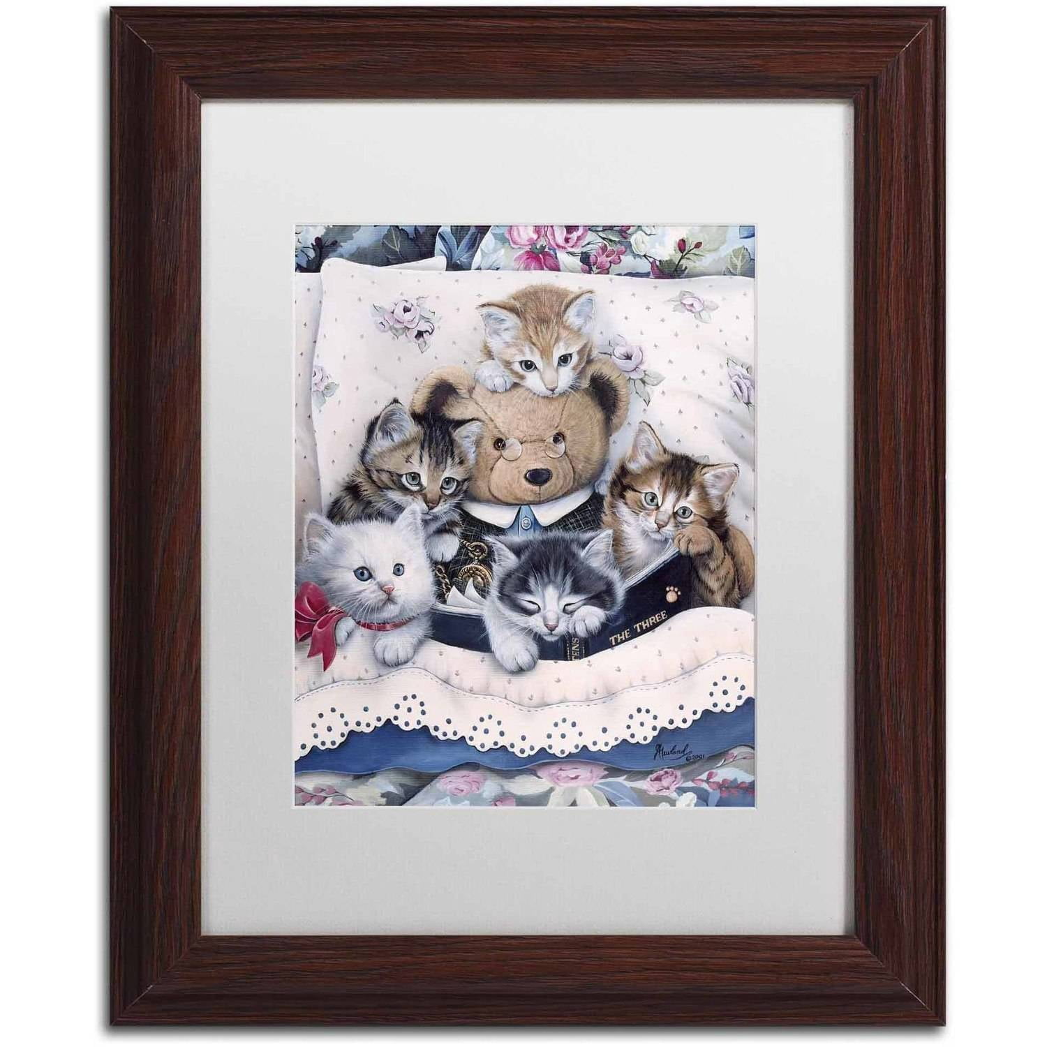 Trademark Fine Art 'Kittens And Teddy Bear' Canvas Art by Jenny Newland, White Matte, Wood Frame