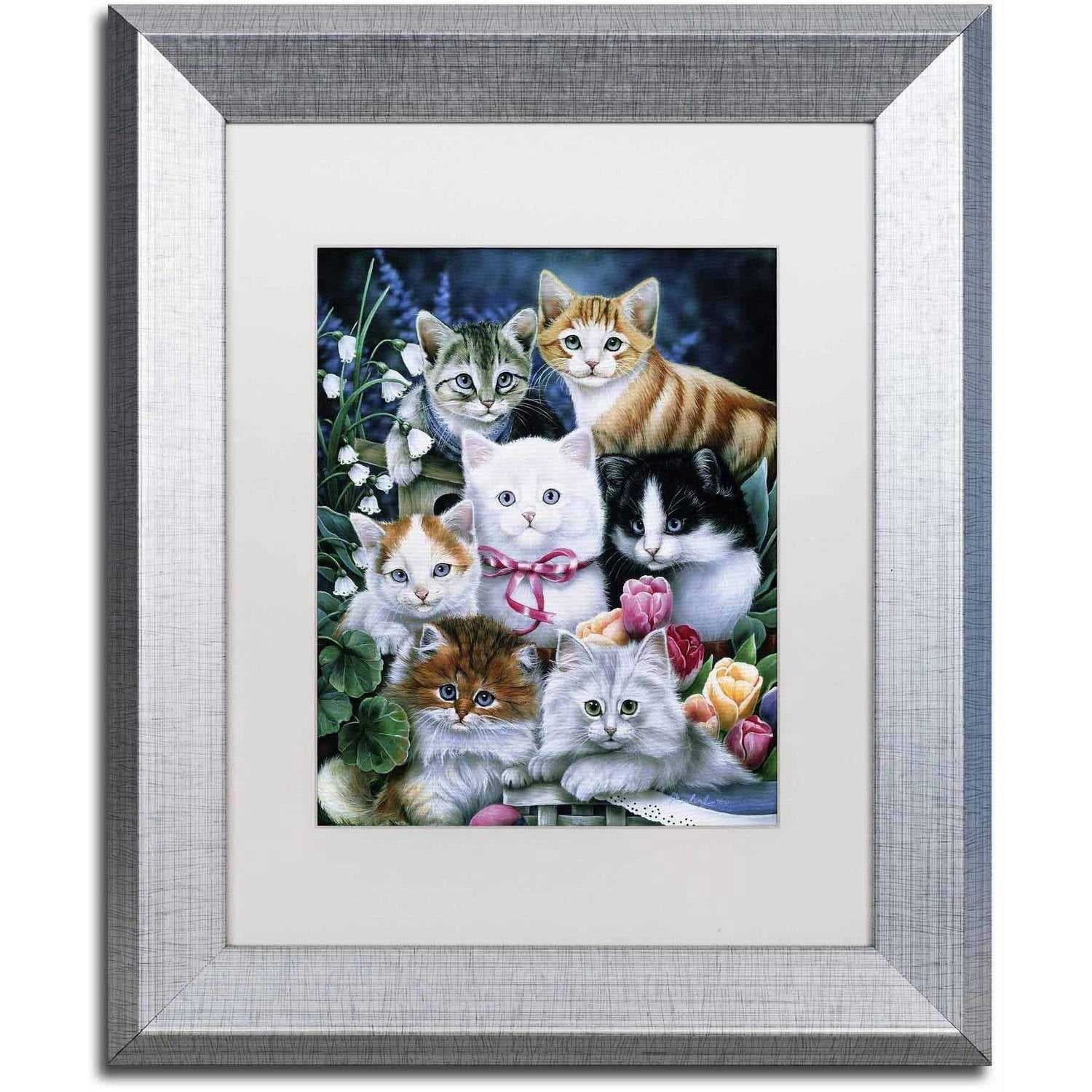 Trademark Fine Art 'Kittens' Canvas Art by Jenny Newland, White Matte, Silver Frame