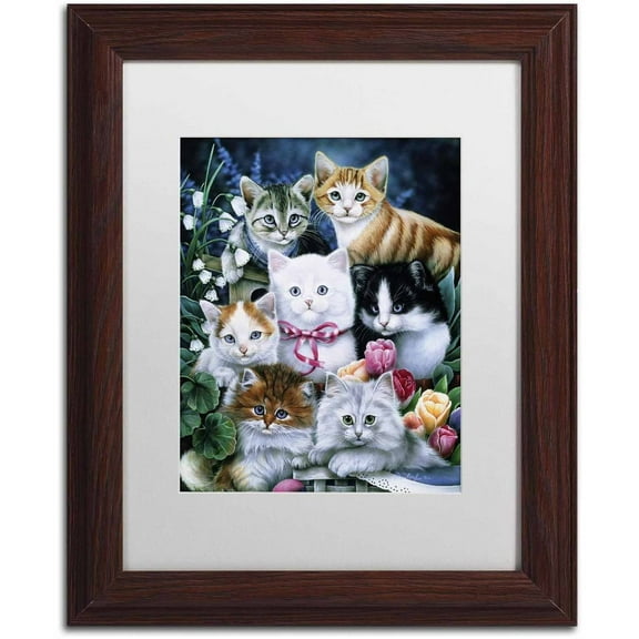 Trademark Fine Art 'Kittens' Canvas Art by Jenny Newland, White Matte, Wood Frame
