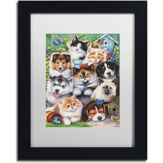 Trademark Fine Art 'Kittens & Puppies In The Garden' Canvas Art by Jenny Newland, White Matte, Black Frame