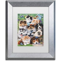 Trademark Fine Art 'Kittens & Puppies In The Garden' Canvas Art by Jenny Newland, White Matte, Silver Frame