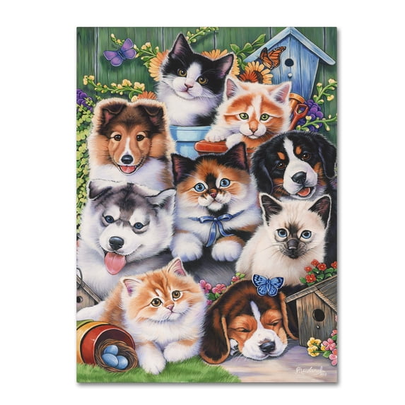 Trademark Fine Art 'Kittens & Puppies In The Garden' Canvas Art by Jenny Newland