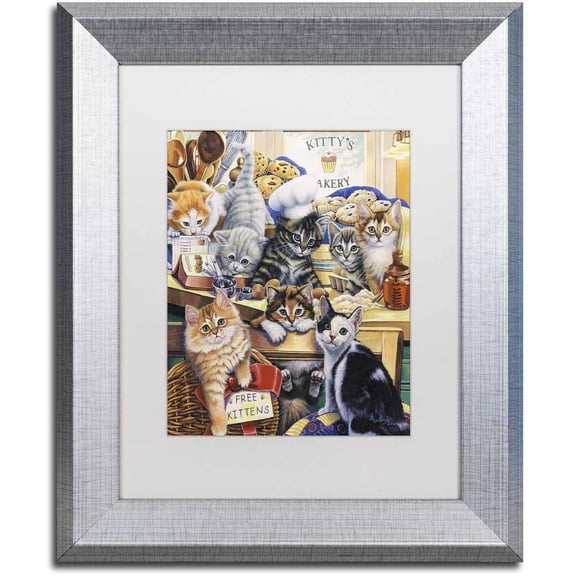 Trademark Fine Art 'Kitty Bakery' Canvas Art by Jenny Newland, White Matte, Silver Frame
