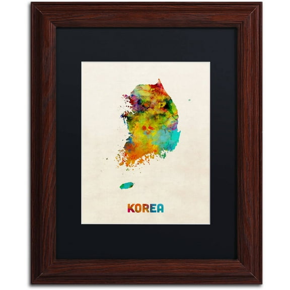 Trademark Fine Art "Korea Watercolor Map" Canvas Art by Michael Tompsett Black Matte, Wood Frame