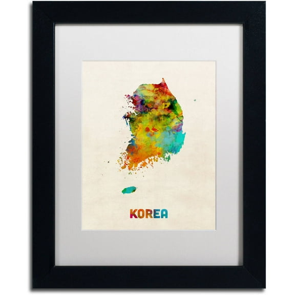 Trademark Fine Art "Korea Watercolor Map" Canvas Art by Michael Tompsett White Matte, Black Frame