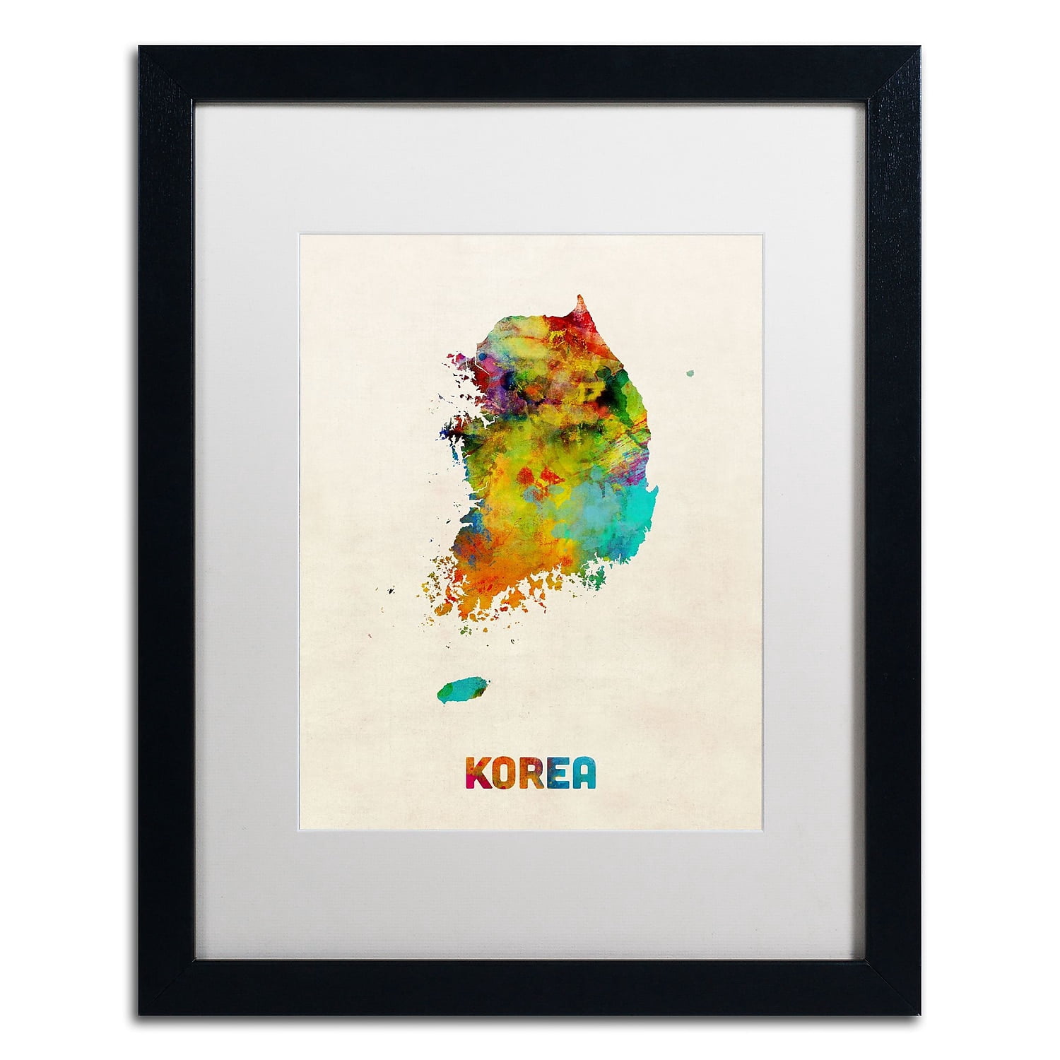 Trademark Fine Art ''Korea Watercolor Map'' by Michael Tompsett 16" x 20" White Matted Black Frame