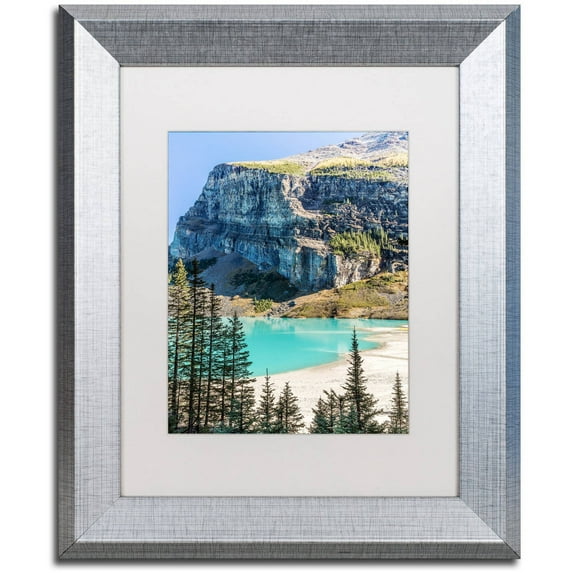 Trademark Fine Art 'Lake Louise Beach' Canvas Art by Pierre Leclerc, White Matte, Silver Frame