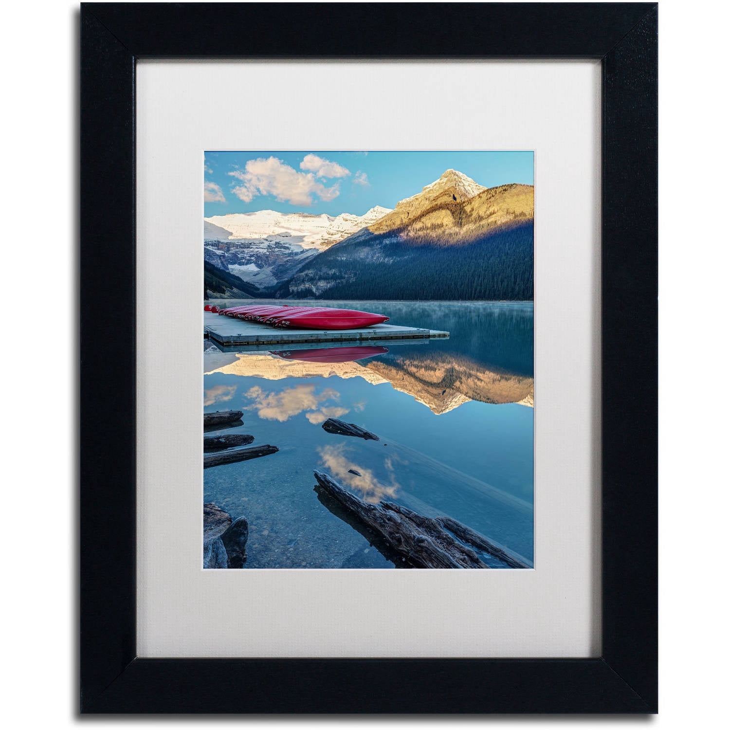 Trademark Fine Art 'Lake Louise Canoes' Canvas Art by Pierre Leclerc, White Matte, Black Frame