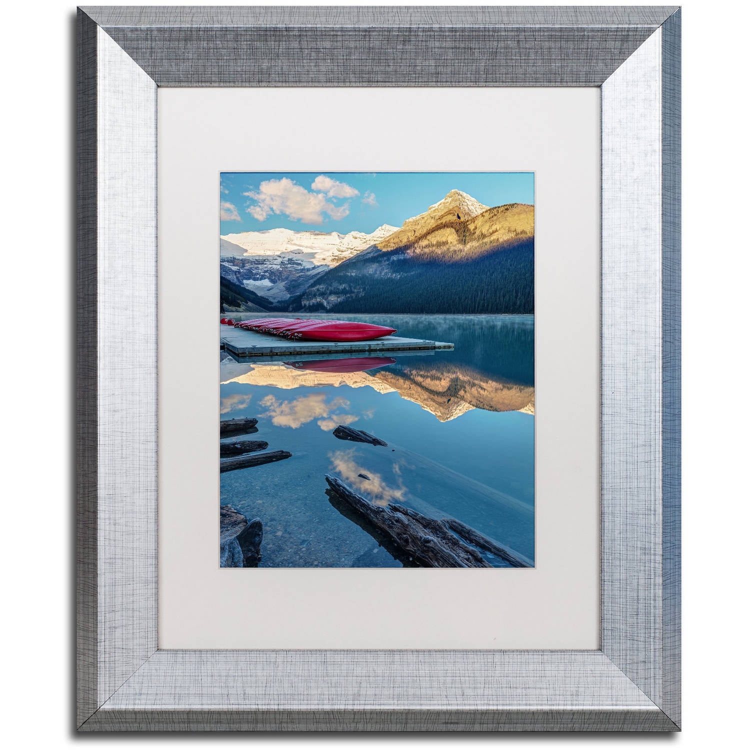 Trademark Fine Art 'Lake Louise Canoes' Canvas Art by Pierre Leclerc, White Matte, Silver Frame