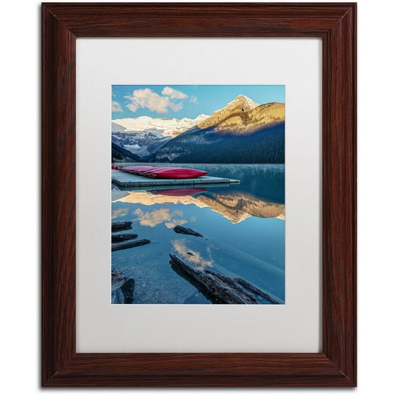 Trademark Fine Art 'Lake Louise Canoes' Canvas Art by Pierre Leclerc, White Matte, Wood Frame
