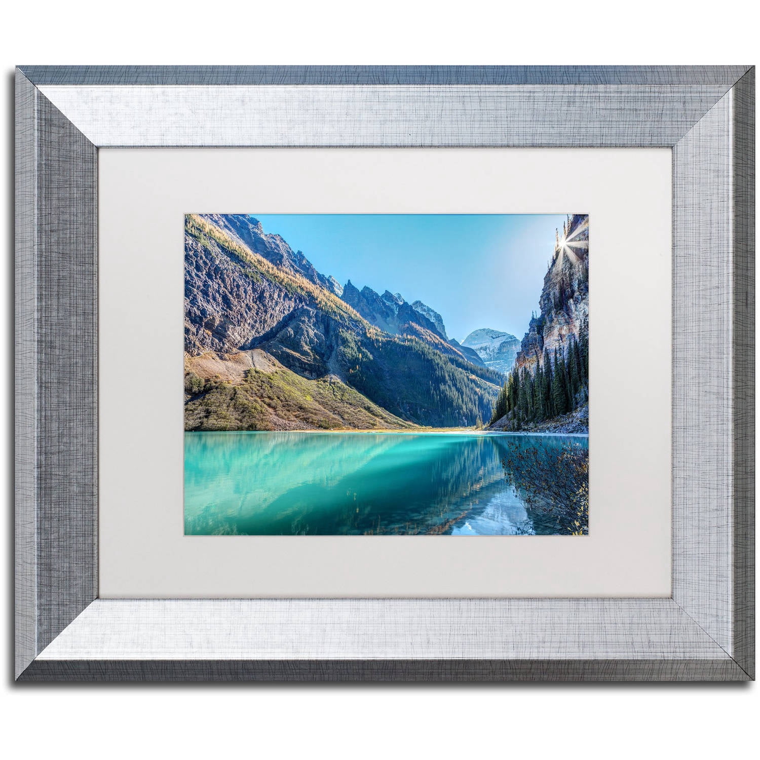Trademark Fine Art 'Lake Louise Sunburst' Canvas Art by Pierre Leclerc, White Matte, Silver Frame