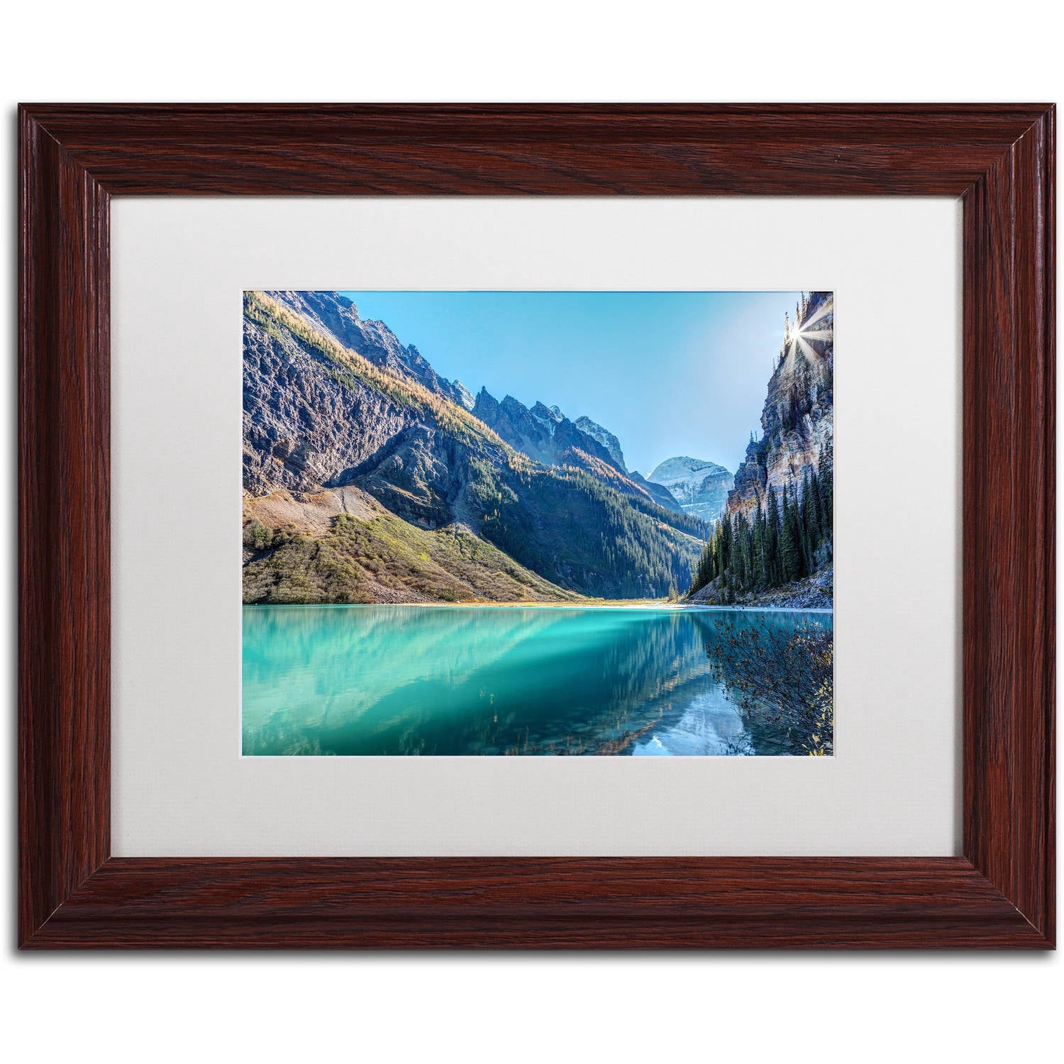Trademark Fine Art 'Lake Louise Sunburst' Canvas Art by Pierre Leclerc, White Matte, Wood Frame