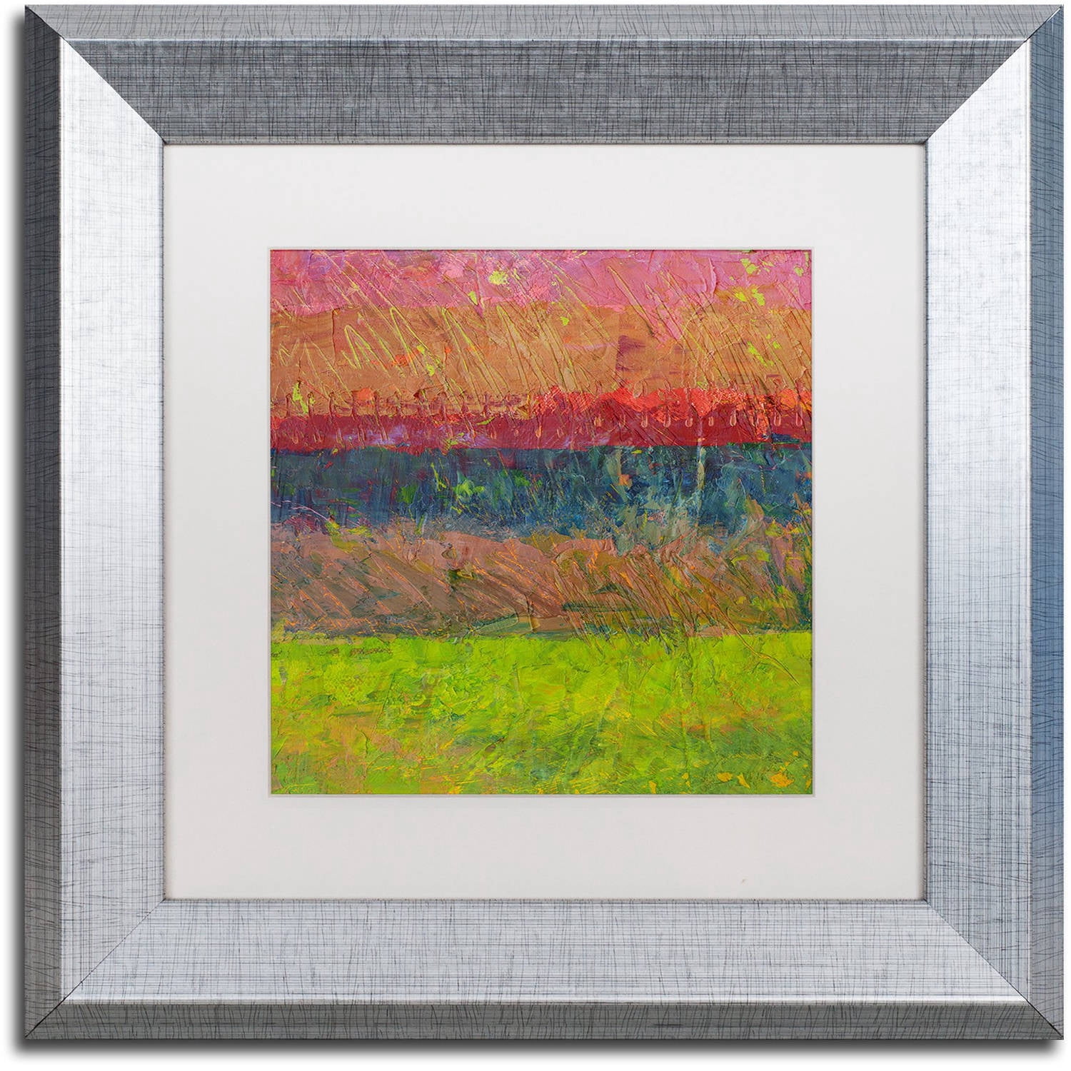 Trademark Fine Art "Lake and Hills" Canvas Art by Michelle Calkins, White Matte, Silver Frame