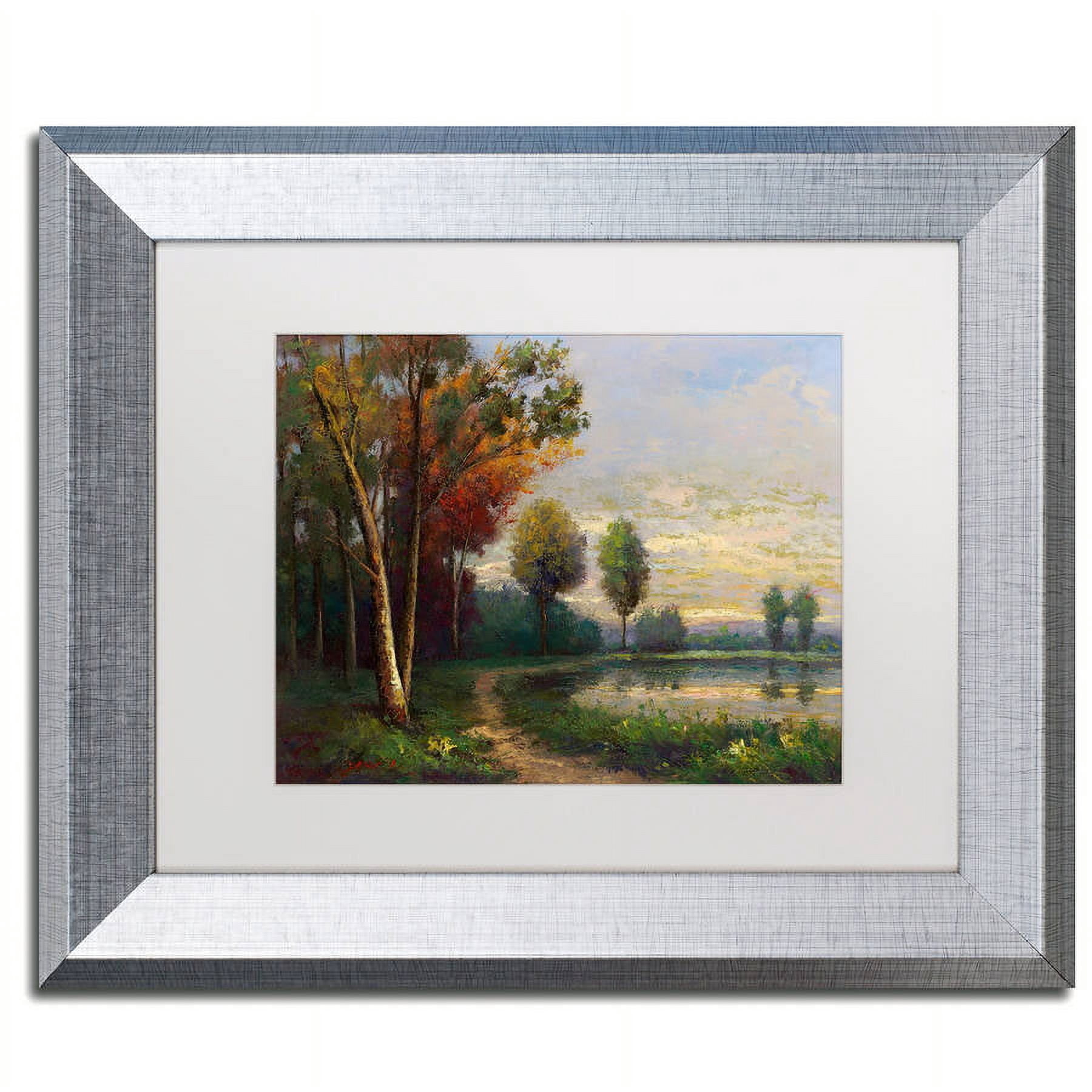 Trademark Fine Art "Landscape with a Lake" Canvas Art by Daniel Moises, White Matte, Silver Frame