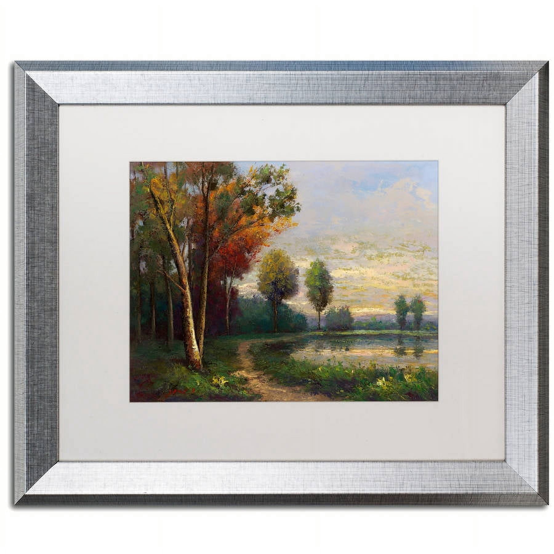 Trademark Fine Art "Landscape with a Lake" Canvas Art by Daniel Moises, White Matte, Silver Frame