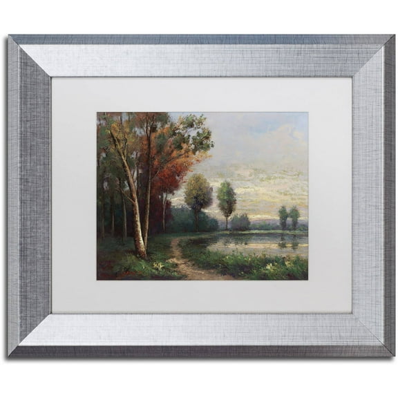 Trademark Fine Art "Landscape with a Lake" Canvas Art by Daniel Moises, White Matte, Silver Frame