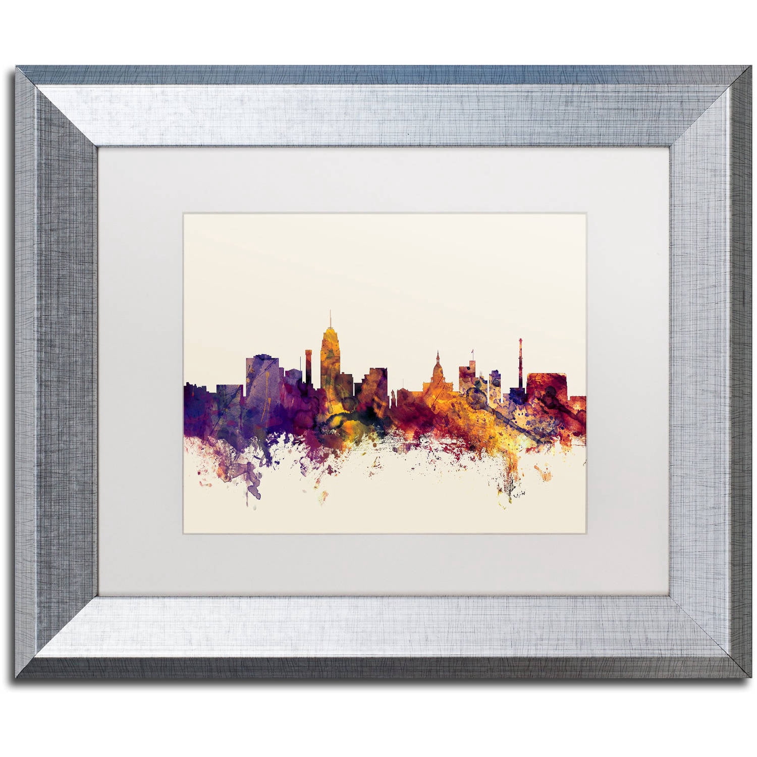 Trademark Fine Art "Lansing Michigan Skyline" Canvas Art by Michael Tompsett, White Matte, Silver Frame