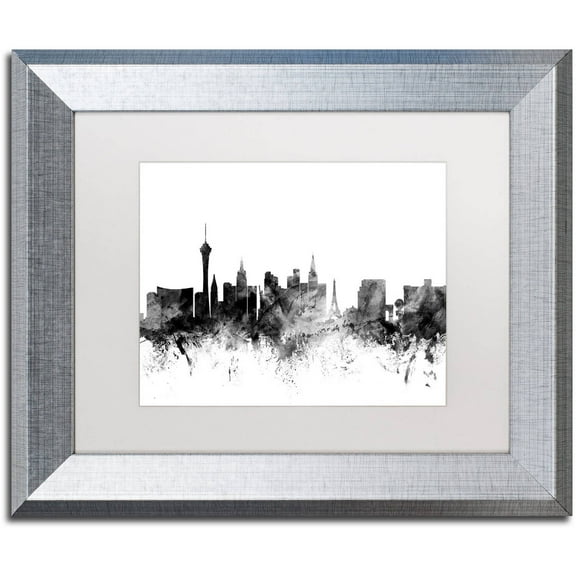 Trademark Fine Art "Las Vegas Nevada Skyline B&W" Canvas Art by Michael Tompsett, White Matte, Silver Frame