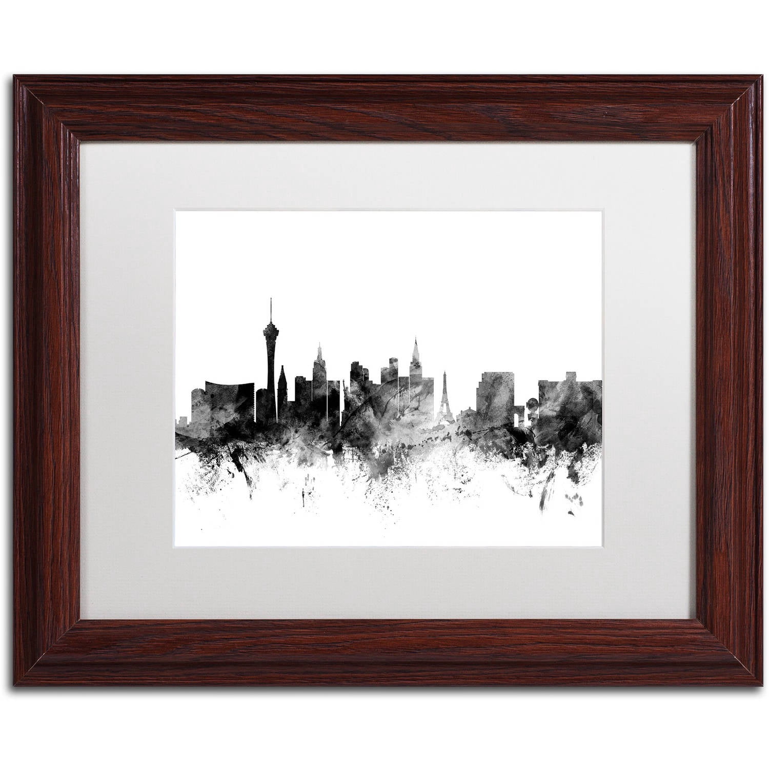 Trademark Fine Art "Las Vegas Nevada Skyline B&W" Canvas Art by Michael Tompsett, White Matte, Wood Frame
