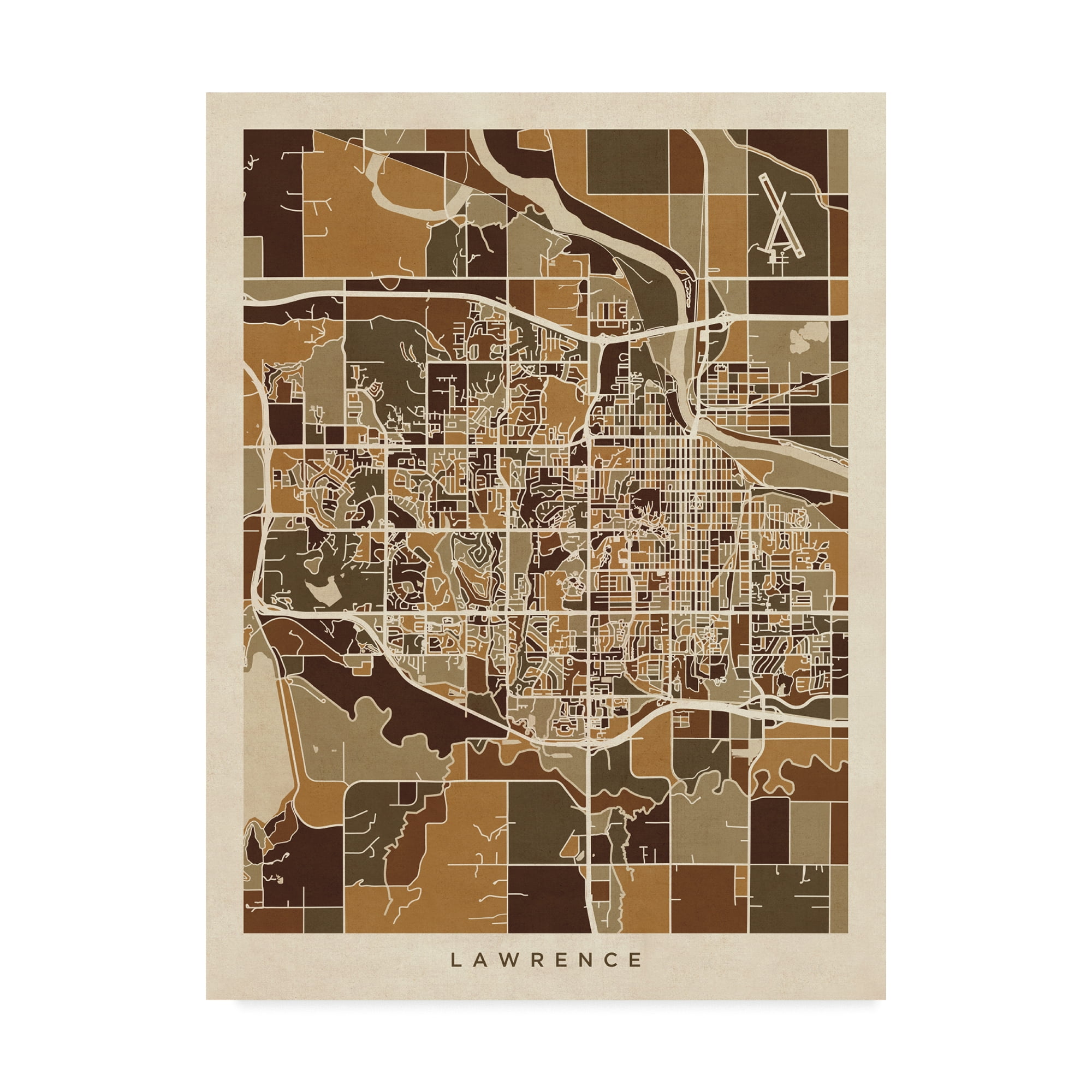 Trademark Fine Art 'Lawrence Kansas City Map Brown' Canvas Art by Michael Tompsett