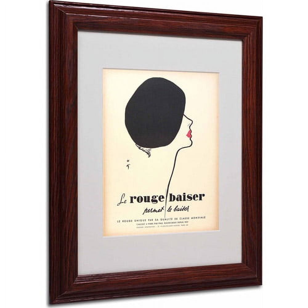Vintage French Poster with Woman in Red Lipstick and Black Hat, Dark Wooden Frame