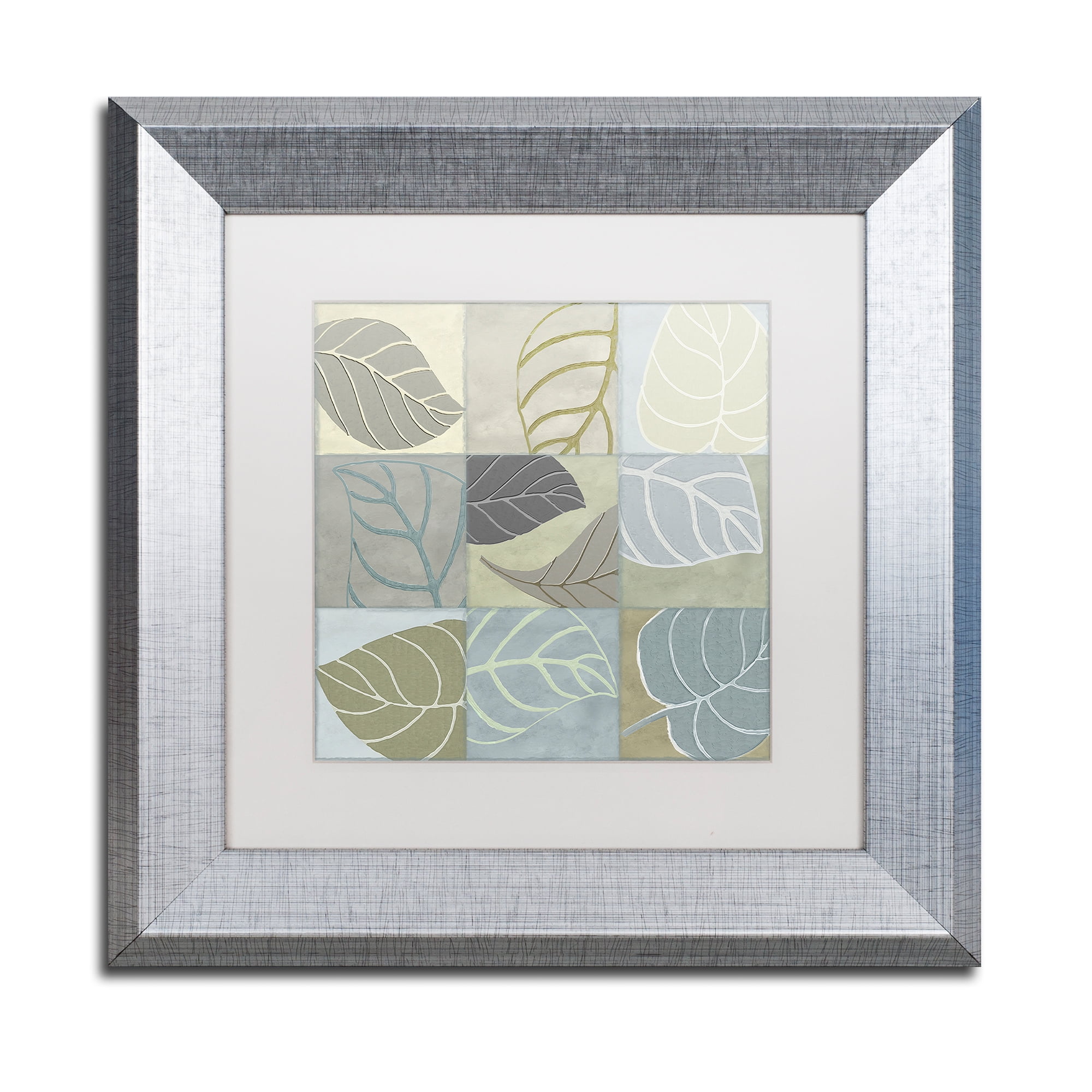 Silver Framed Botanical Leaf Art on Canvas with White Mat