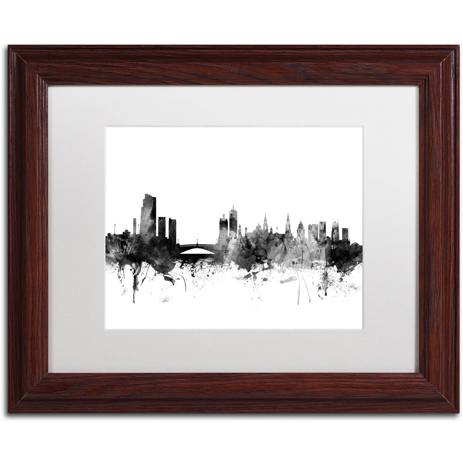 Trademark Fine Art "Leeds England Skyline B&W" Canvas Art by Michael Tompsett, White Matte, Wood Frame