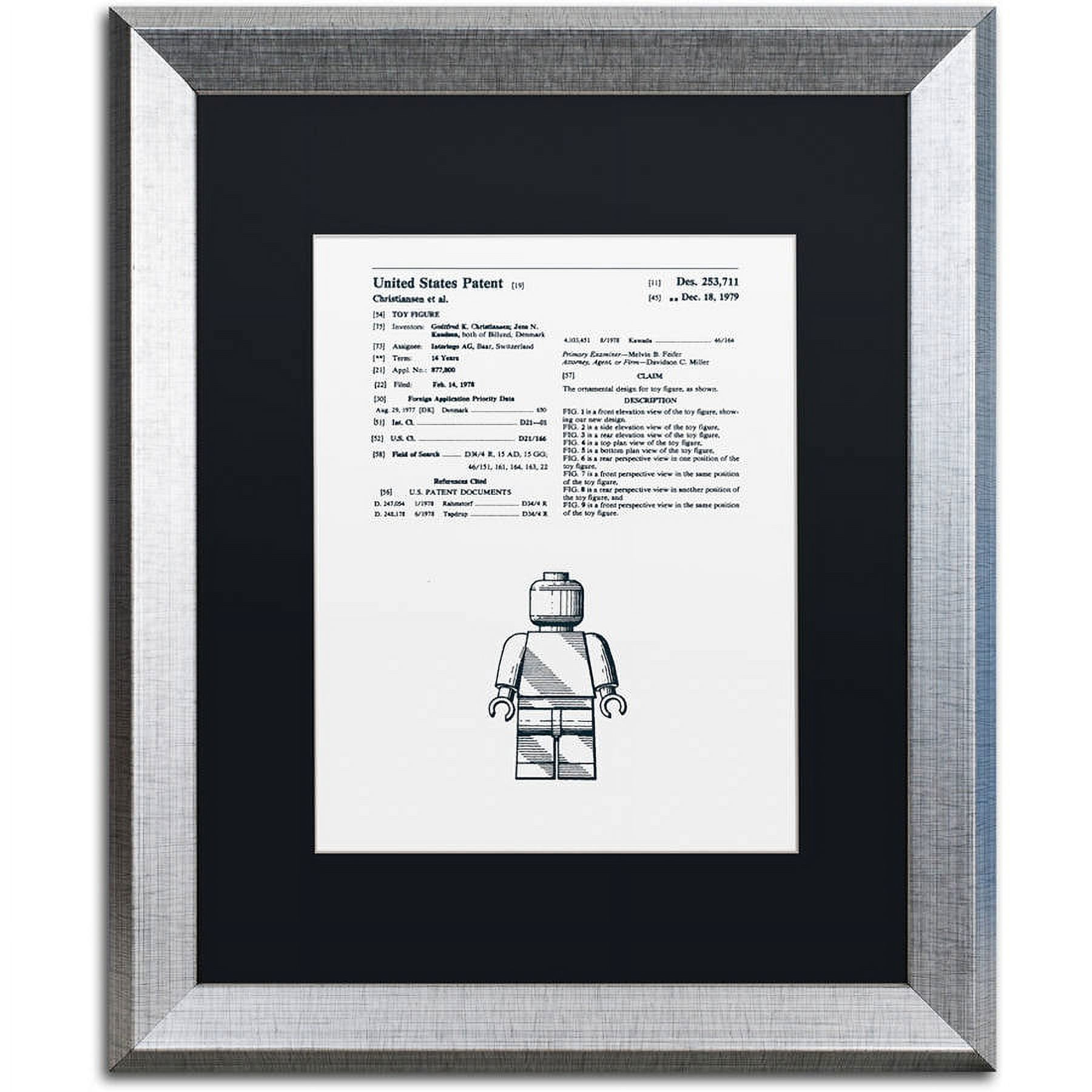 Trademark Fine Art "Lego Man Patent 1979 White" Canvas Art by Claire Doherty, Black Matte, Silver Frame