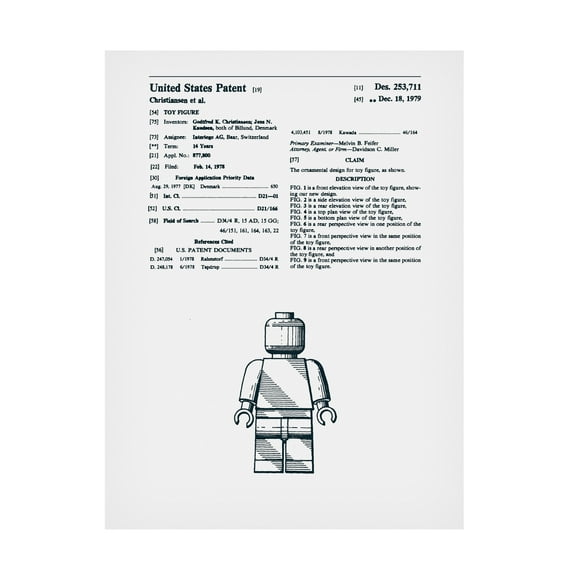 Trademark Fine Art Claire Doherty Lego Man Patent 1979 White Canvas Wall Art - 14x19