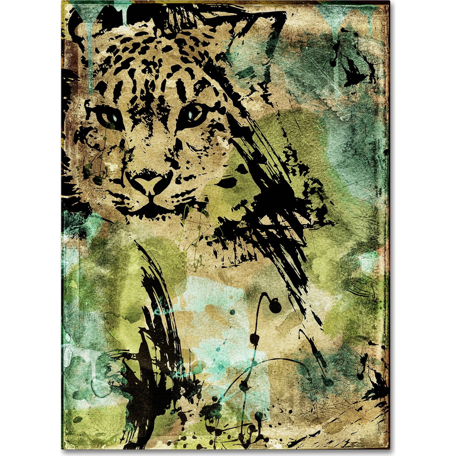 Leopard Ink Green and Tan Canvas Art with Wood Frame