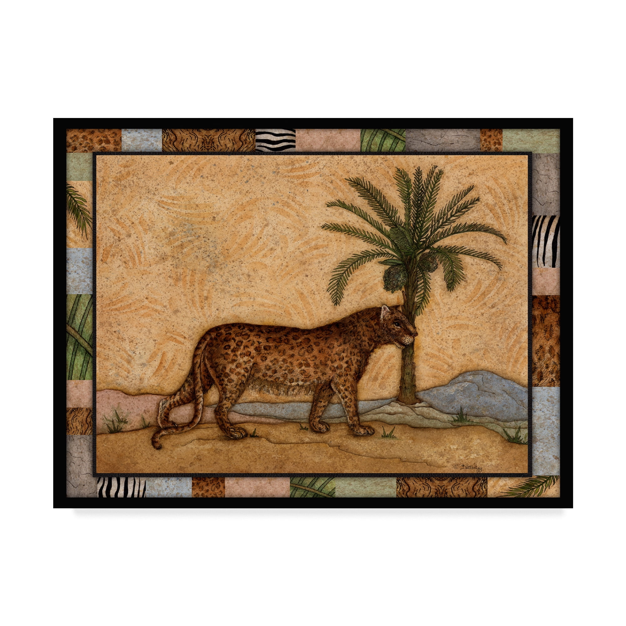 Leopard and Palm Tree Framed Canvas Art in Beige and Brown
