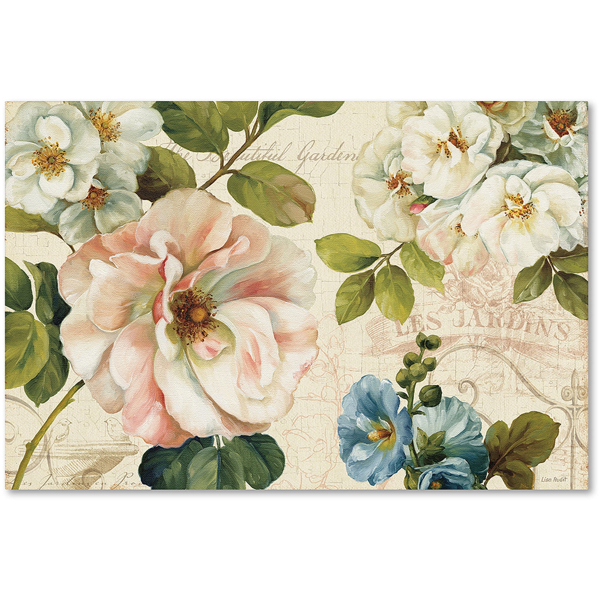 Vintage Floral Canvas Art with Green and Pink Accents, 16 x 24