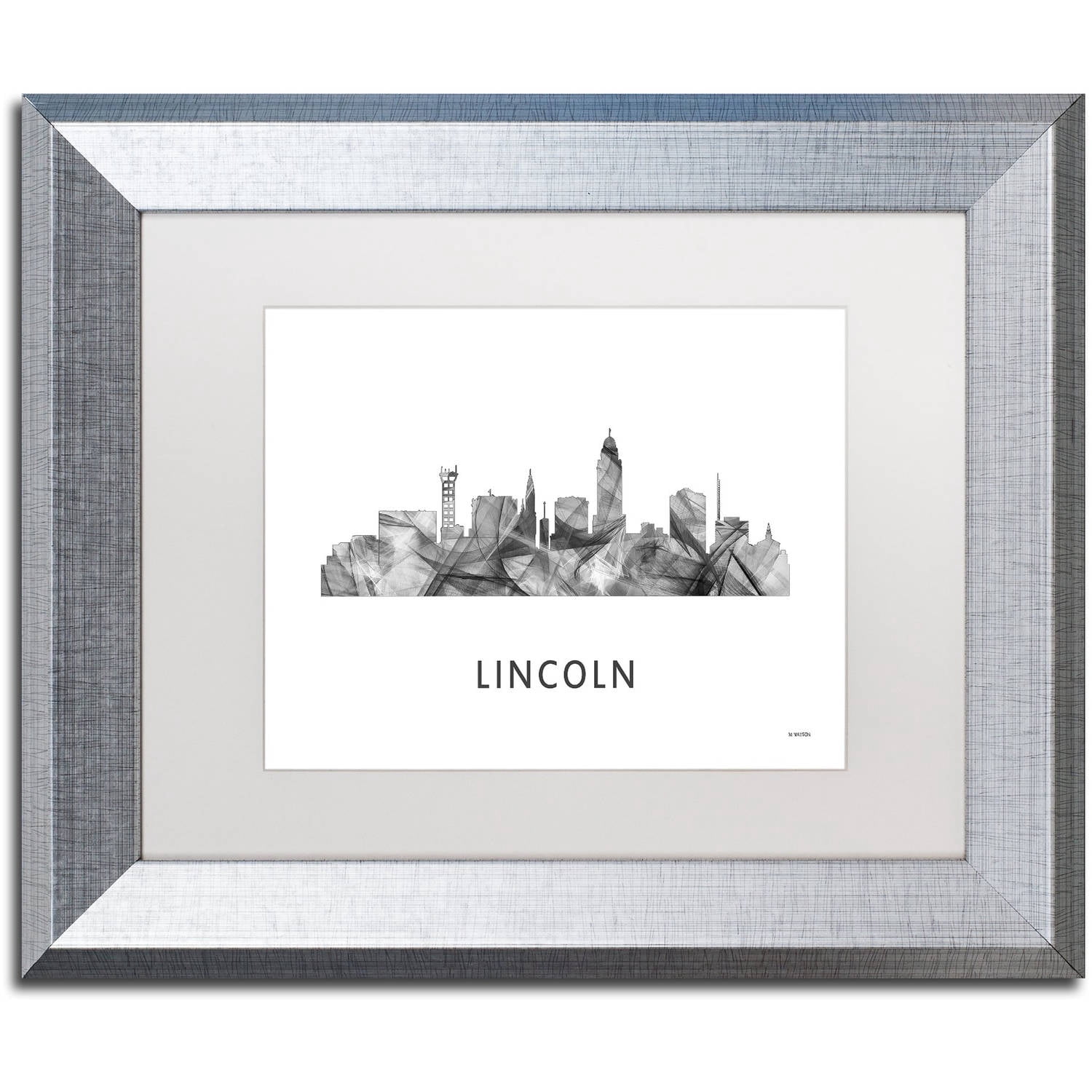Trademark Fine Art 'Lincoln Nebraska Skyline WB-BW' Canvas Art by Marlene Watson, White Matte, Silver Frame