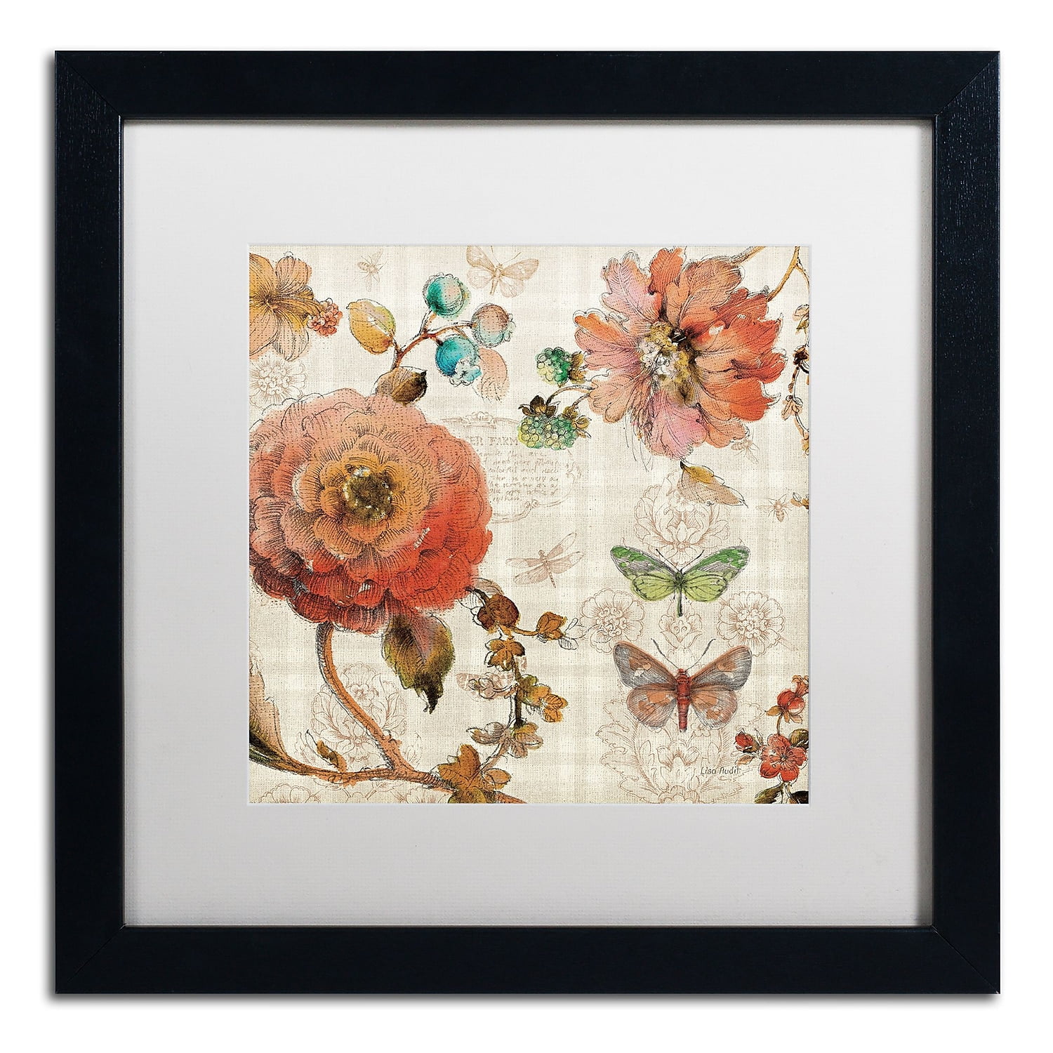 Floral and Butterfly Graphic Art on Canvas with Black Wood Frame