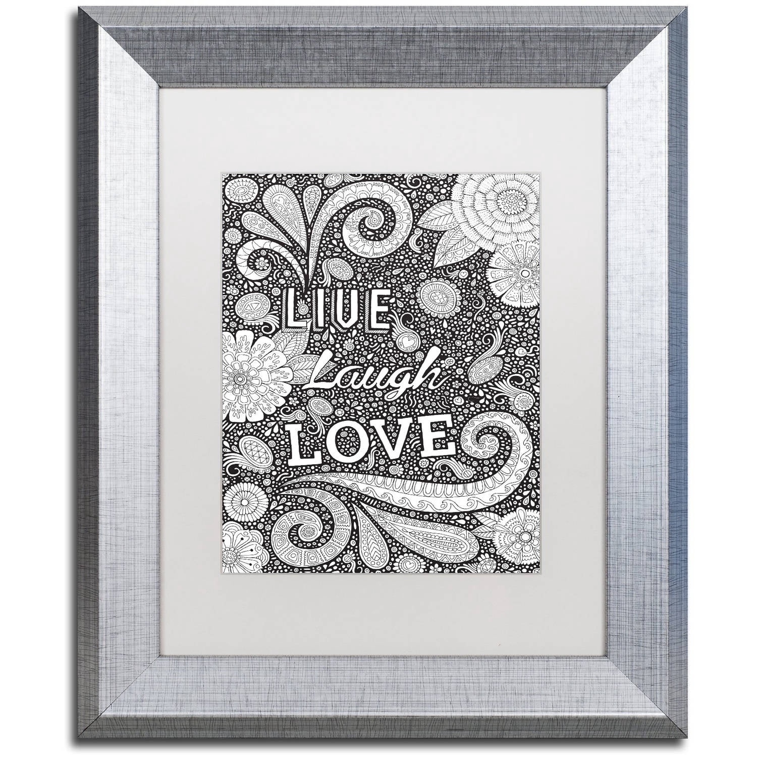 Trademark Fine Art "Live Laugh Love Black" Canvas Art by Hello Angel, White Matte, Silver Frame