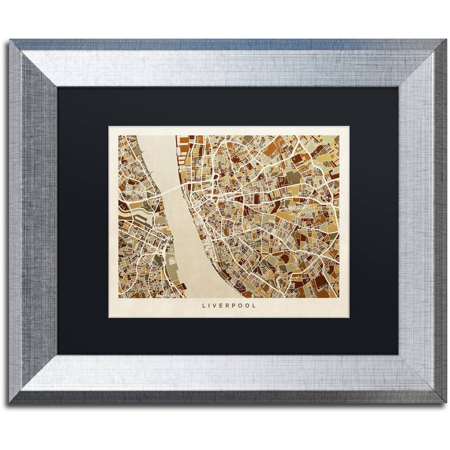 Trademark Fine Art "Liverpool England Street Map 3" Canvas Art by Michael Tompsett, Black Matte, Silver Frame
