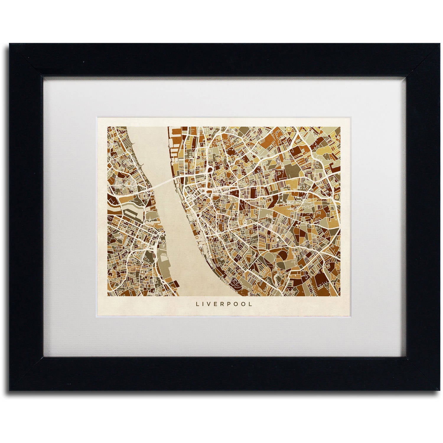 Trademark Fine Art "Liverpool England Street Map 3" Canvas Art by Michael Tompsett, White Matte, Black Frame