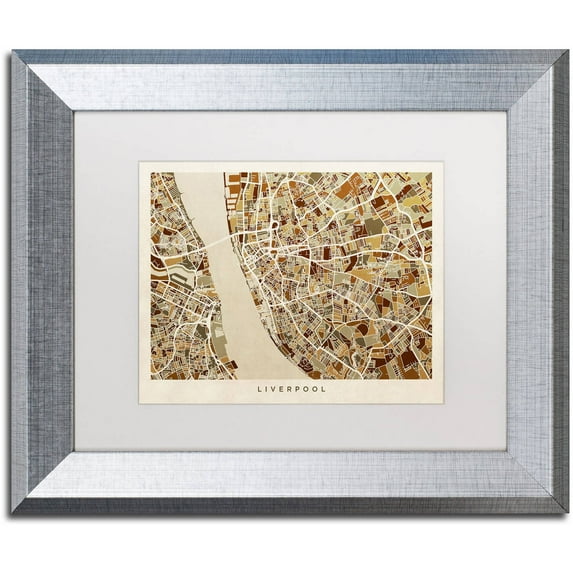 Trademark Fine Art "Liverpool England Street Map 3" Canvas Art by Michael Tompsett, White Matte, Silver Frame
